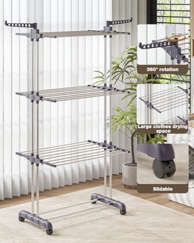 Bigzzia Clothes Drying Rack Folding with Wheels Drying Rack Clothing Clothes Horses Rack Stainless Steel Laundry Drying Rack with Two Side Wings 4 Tier Grey
