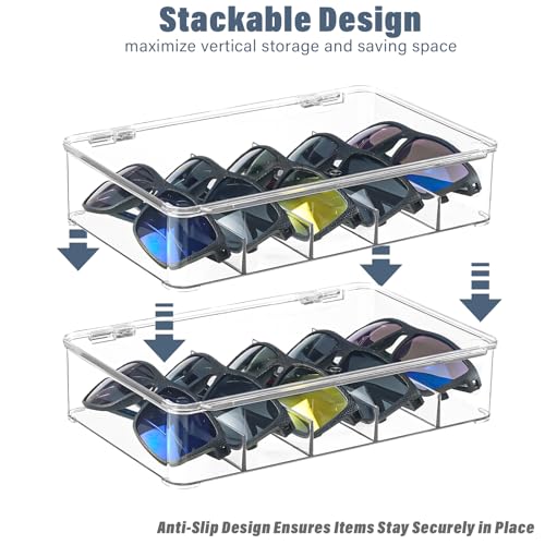 Sunglass Organizer, 3 Layers Acrylic Sunglasses Organizer, Clear Stackable Glasses Storage Organizer with Lid, Eyeglass Storage for Multiple Glasses, Reading Glasses