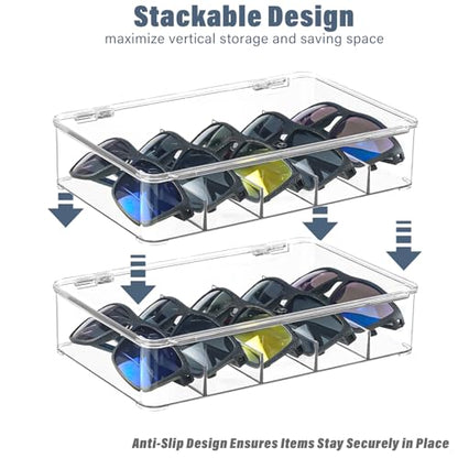 Sunglass Organizer, 3 Layers Acrylic Sunglasses Organizer, Clear Stackable Glasses Storage Organizer with Lid, Eyeglass Storage for Multiple Glasses, Reading Glasses