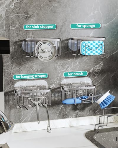 HapiRm Multifunctional Kitchen Sponge Holder with Unique M-Shaped, 2 Installation Ways Sink Caddy, Stainless Steel Kitchen Organizer for Sponge, Brush, Sink Stopper and Scraper -Brushed Nickel