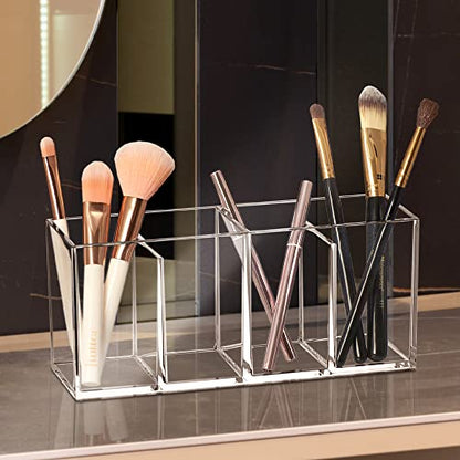 Glamour - Acrylic 4-Compartment Makeup Organizer, Transparent Plastic Makeup Brush Holder, Perfect Bathroom Vanity Storage Solution for Makeup Brushes, Eyebrow Pencils, and More