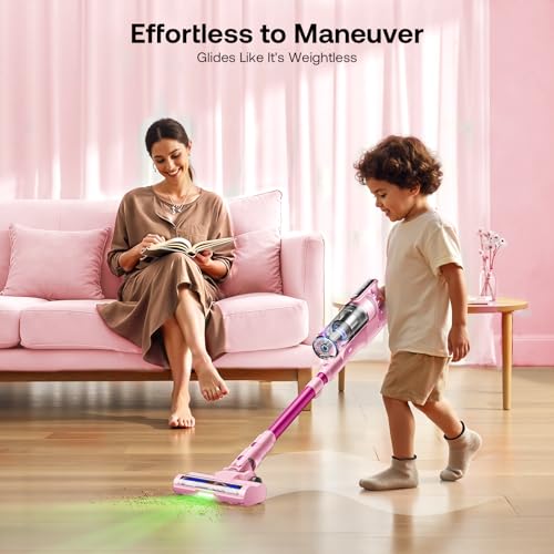 Trucozie Cordless Vacuum Cleaner, Self-Standing Lightweight Stick Vacuum with 50 mins Runtime, Powerful Suction, Anti-Tangle Wireless Vacuum for Home, Hardwood Floor, Carpet, Pet Hair, Pink