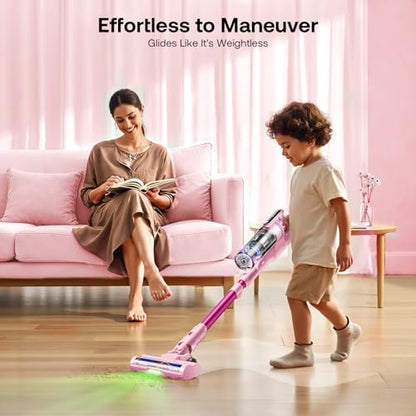 Trucozie Cordless Vacuum Cleaner, Self-Standing Lightweight Stick Vacuum with 50 mins Runtime, Powerful Suction, Anti-Tangle Wireless Vacuum for Home, Hardwood Floor, Carpet, Pet Hair, Pink