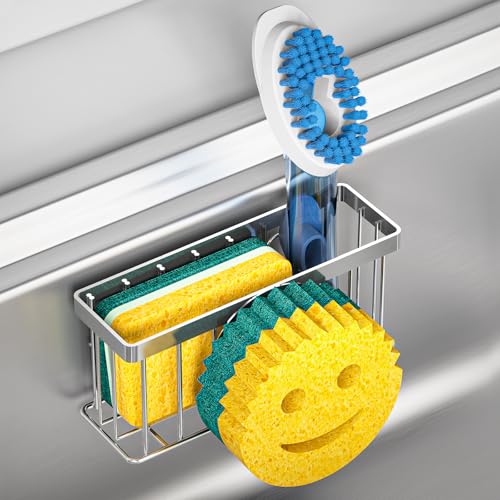 Sponge Holder Smiley Face,Sink Caddy for Kitchen Sink,Sponge Holder with 2 PCS Suction Cups/1 PCS Adhesive Strips,Designed for Sponge,Soap,Dish Brush,Scrubber-Silver
