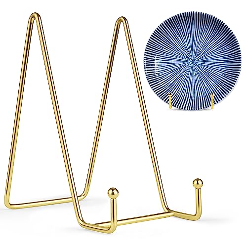 Mocoosy 2 Pack 6 Inch Plate Stands for Display, Gold Metal Display Stands | Square Wire Easel Stand, Plate Holder Display Stands, Frame Stands for Pictures, Photos, Decorative Platters, Table Arts