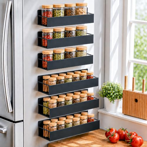 6 Pack Metal Magnetic Spice Rack for fridge, Heavy Duty | Iron + Magnet | Holds 9 lbs per shelf | Full-back magnets | Screws included | Climate Pledge Friendly
