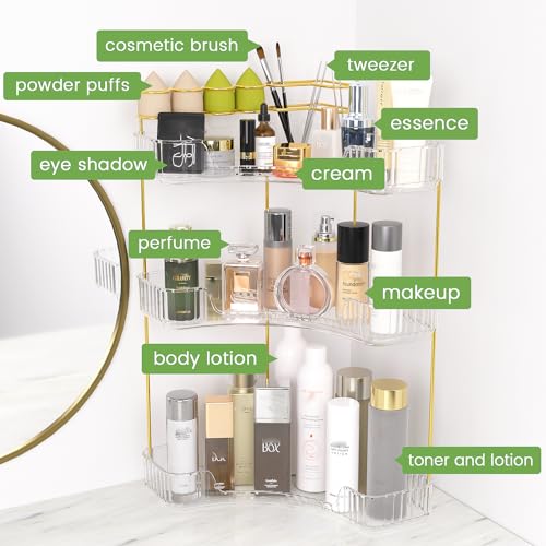 Makeup Organizer 3 Tier Bathroom Counter Organizer with Makeup Brush Holder | Corner Bathroom Organizer Countertop, Acrylic Counter Storage for Bathroom Dresser, Skincare Perfume Organizer- Clear