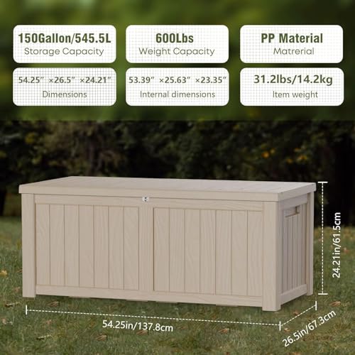 150 Gallon Outdoor Deck Box Waterproof, Large Storage Box for Patio, Resin Storage Bench Lockable for Garden Tools, Package Delivery, Grey
