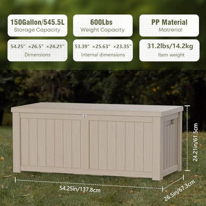 150 Gallon Outdoor Deck Box Waterproof, Large Storage Box for Patio, Resin Storage Bench Lockable for Garden Tools, Package Delivery, Grey