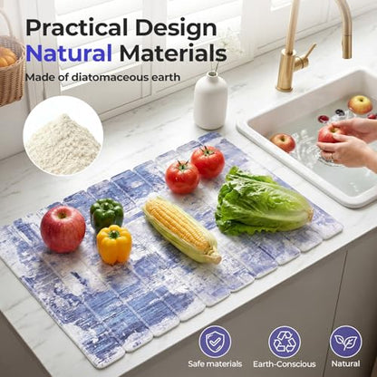 Findosom Large Stone Dish Drying Mat for Kitchen Counter, 23.6" × 15.3" Foldable Non-Slip Stone Drying Mat with Abstract Pattern, Heat Resistant Diatomaceous Earth Mat for Bath, Dishes, Cups, Blue