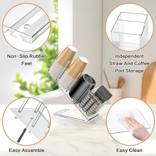 Acrylic Cup and Lid Holder with Straw Organizer | Adjustable Coffee Cup Holder Organizer, 5 Compartment Cup Dispenser for Disposable Paper & Plastic Cups, for Home Countertop