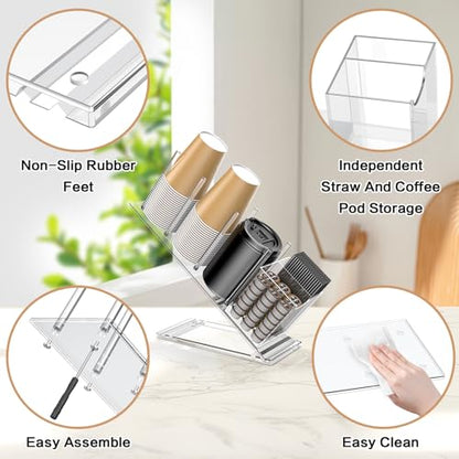 Acrylic Cup and Lid Holder with Straw Organizer | Adjustable Coffee Cup Holder Organizer, 5 Compartment Cup Dispenser for Disposable Paper & Plastic Cups, for Home Countertop