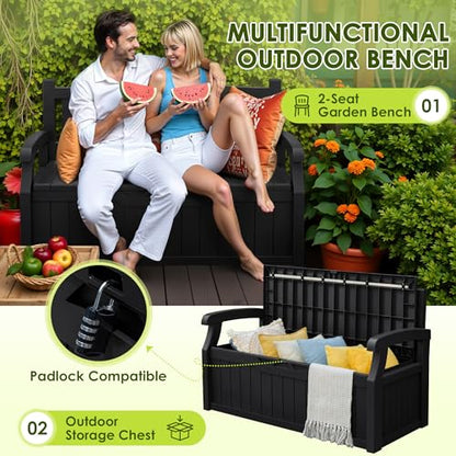 Greesum 80 Gallon Outdoor Storage Bench, Deck Box, Dark Black | Weather-Resistant Patio Furniture Bench for Backyard, Garden, Porch,Seat for Pillows Cushions Patio Accessories