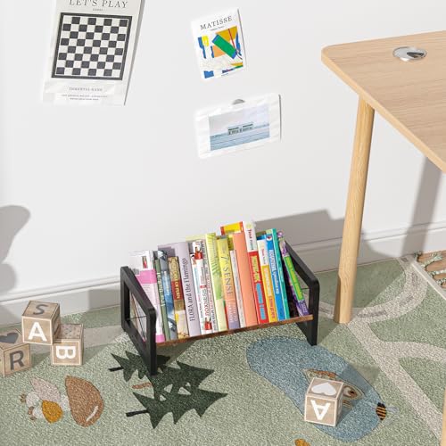 Desktop Bookshelf Organizer, Wood Slanted Desk Bookshelf, Small Tabletop Book Rack, Portable Mini Bookcase for Book Display, Cookbooks, Kids Reading, Office & Home Storage, Rustic Brown
