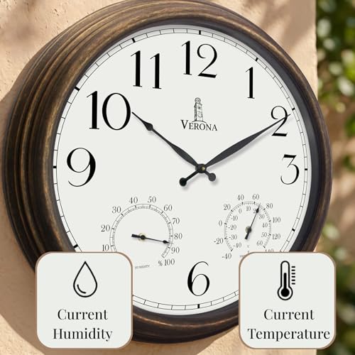 Large Outdoor Clocks for Patio Waterproof with Thermometer Combo, 18 Inch | Weatherproof Bronze Indoor Outdoor Wall Clock, Temperature and Humidity, Accurate, Easy to Read for Pool, Garden, Home Decor