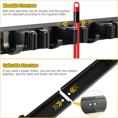 2 Pack Wall Mount Broom Holder with Sliding 3 & 4 Racks 4 Hooks，Mop Hanger | 15-30'' Broom Hanger Wall Mount,Aluminum Alloy Broom Holder Wall Mount,Broom and Mop Organizer Wall Hanging,Broom Holder