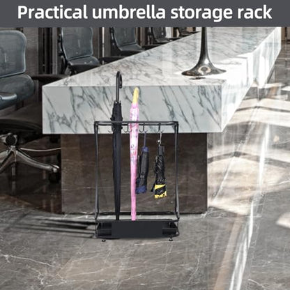 15 Slot Umbrella Stand with 8 Hooks – Heavy Duty Metal Indoor Umbrella Rack Holder with Removable Drip Tray – Large Commercial Entryway Organizer for Office, Lobby or Home