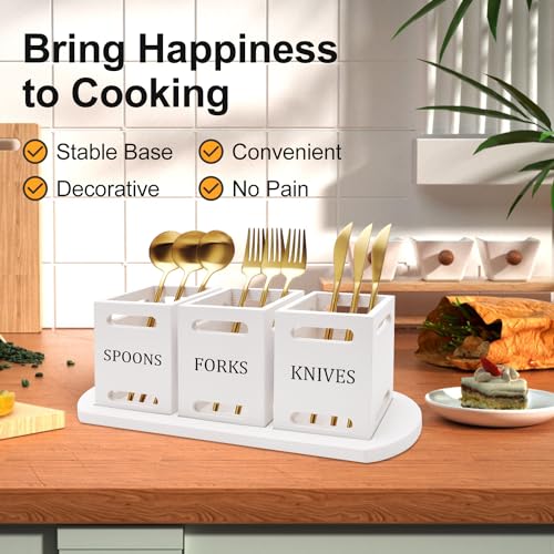 Wooden Flatware Silverware Caddy for Party Cutlery Utensil Holder Counter | Wood Silverware Organizer Countertop Knife Fork and Spoon Holder Table Utensil Caddy Basket White Kitchen Decor Accessories