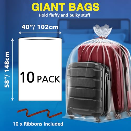 10 Pack 40” x 58” Extra Large Clear Plastic Storage Bags for Luggage Cover | 2 Mil Storage Bags Ideal for Car Seats, Suitcases, Strollers, Small Bikes, Attic Storage, Clothes, Xmas Trees, (with 10 Ties)