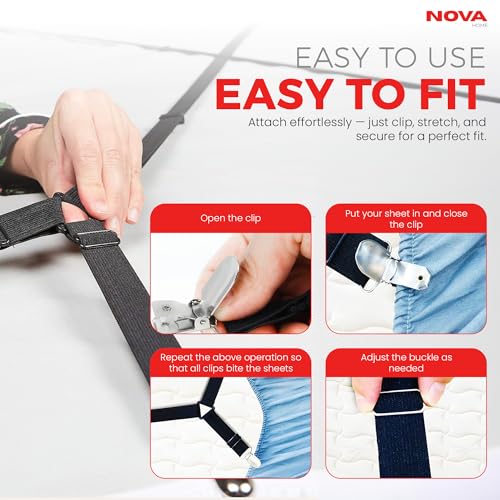 Bed Sheet Holder Straps, Adjustable Elastic, 2pcs Set, Black | Nickel Clamps, Fabric Protectors, Crisscross Design Keeps Sheets Tight, Fits All Mattress Sizes