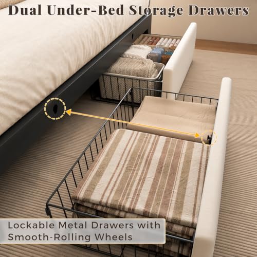 Queen Bed Frame with 2 Storage Drawers, Beige Velvet Upholstered