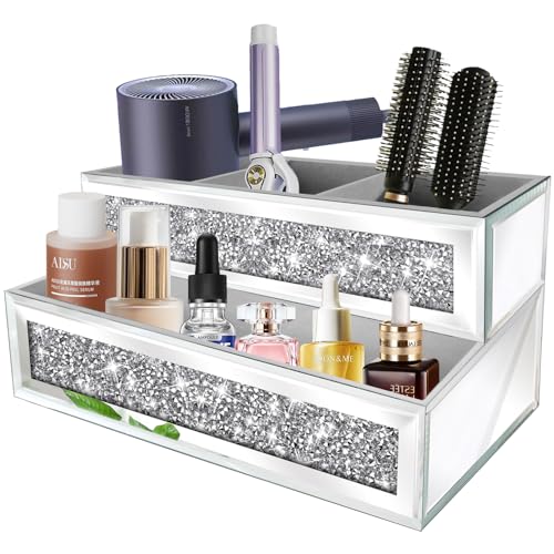 Mirror Hair Dryer Holder Upgrade Crystal Crush Diamond Hair Tool Organizer Wall Mount. Silver Bathroom Cabinet Tray for Blow Dryers, Hairdryer Straightener, Makeup,Brushes .(10.5”x7”x5”)