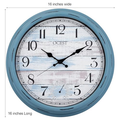 16 Inch Waterproof Indoor Outdoor Wall Clock with Thermometer | Silent non-ticking battery movement, large easy-read blue dial for patio, pool, porch, garden, garage, and home decor