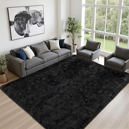 9x12 Area Rug Living Room Bedroom: Fluffy Plush Shag Carpet Black | For Kids Room Playroom Nursery Home Decor,Ultra Soft,Non-Slip Non-Shedding,Fuzzy Plush,Large Indoor Floor Carpet,Easy Clean