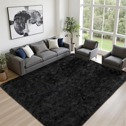 9x12 Area Rug Living Room Bedroom: Fluffy Plush Shag Carpet Black | For Kids Room Playroom Nursery Home Decor,Ultra Soft,Non-Slip Non-Shedding,Fuzzy Plush,Large Indoor Floor Carpet,Easy Clean