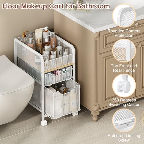 Rolling Makeup Cart Organizer with 2 Drawers, Under Desk Storage | Narrow Floor Skincare Organizers, Vanity Organizer Cosmetics Display Cases Holder for Nail Polish Perfume Makeup Brush, White