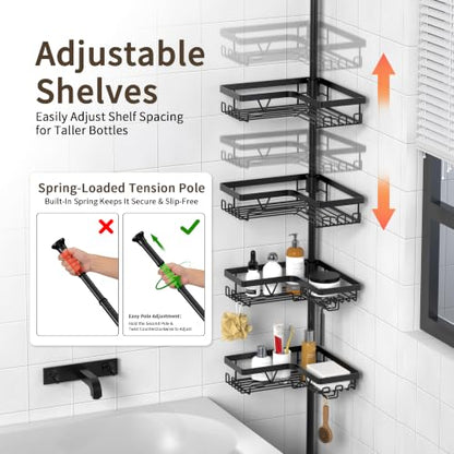 KEGII Corner Shower Caddy Tension Pole, Large Capacity Bathroom Organizer | 28 Hooks with Soap and Razor Holders, Heavy Duty 4-Tier Shelves for Family Bathtubs and Renters, Adjustable 25-114.2 inch