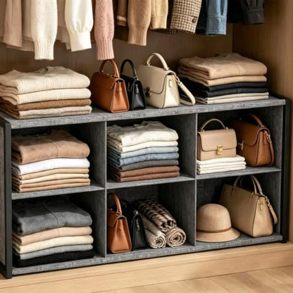 Stackable Closet Organizer Shelf,6 Cube Bins Storage Basket for Clothes, Handbags Sweaters Jeans Pants Shirt, Space Saving Closet Organizer for Bedroom Wardobe, Closet System-Grey