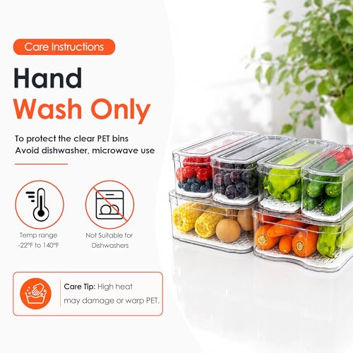 6 Pack Clear Fridge Organizer Bins with Drain Trays - Stackable