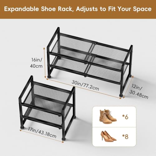 Retractable Shoe Rack, 2 Tier Heavy Duty Metal Mesh Shoe Organizer, Black