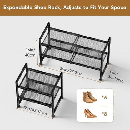 Retractable Shoe Rack, 2 Tier Heavy Duty Metal Mesh Shoe Organizer, Black