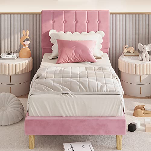 LIKIMIO Twin Bed Frames with Headboard, Velvet Upholstered, Pink