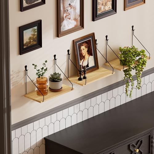 Elevate Your Space with Rustic Wood Floating Shelves Set of 3- Perfect for Bedroom, Living Room, Bathroom, and Kitchen Decor - Easy Installation, No Drilling Needed!