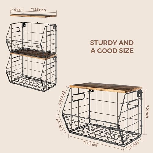 Delamu Stackable Metal Fruit Basket with Wood Lid 2 Pack, Hanging Wall Organizer for Kitchen Counter, Pantry Storage for Onions, Potatoes, Garlic, Fruits, Spices, Black
