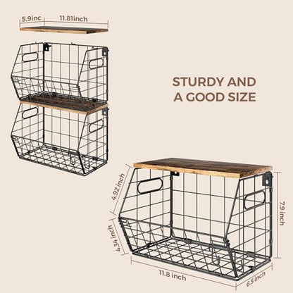 Delamu Stackable Metal Fruit Basket with Wood Lid 2 Pack, Hanging Wall Organizer for Kitchen Counter, Pantry Storage for Onions, Potatoes, Garlic, Fruits, Spices, Black