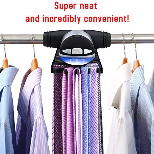 Motorized Tie Rack Closet Organizer with LED Lights Includes J Hooks for Wired Shelving Stores Up to 72 Ties & 8 Belts Operates with Batteries