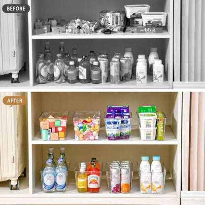 Freebat 12 Pack Pantry Organization and Storage,Clear Plastic Storage Bins | Middle, Cabinet Organizer, Clear Plastic Storage Containers with Handle,Acrylic Storage Bins for Cabinet, Fridge