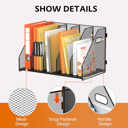 Binder Organizer, Magazine File Holder with 5 Vertical Rack, Black | Metal Desk File Organizer & Binder Holders, Magazine Organizers for Office Desktop, Home, School, Classroom
