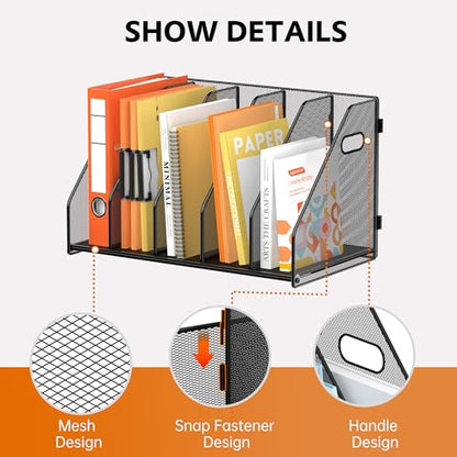 Binder Organizer, Magazine File Holder with 5 Vertical Rack, Black | Metal Desk File Organizer & Binder Holders, Magazine Organizers for Office Desktop, Home, School, Classroom
