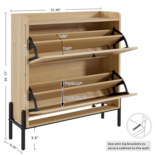 IRONCK Rattan Shoe Cabinet Storage with 2 Flip Drawers, Oak | Free Standing Wooden Shoe Storage Organizer Cabinet with Rattan Doors for Entryway, Narrow Shoe Rack Cabinet