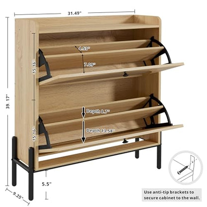 IRONCK Rattan Shoe Cabinet Storage with 2 Flip Drawers, Oak | Free Standing Wooden Shoe Storage Organizer Cabinet with Rattan Doors for Entryway, Narrow Shoe Rack Cabinet