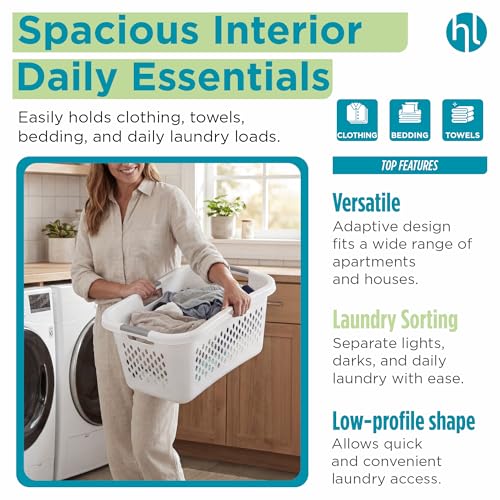 Home Logic 1.5 Bushel Plastic Laundry Basket Front Load, Large Laundry Hamper with Handles, Ventilated Clothes Organizer for Bedroom Bathroom Closet, 2 Pack, White
