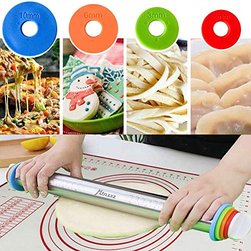 Rolling Pin and Silicone Baking Pastry Mat Set, Stainless Steel Dough Roller, Rolling Pins with Adjustable Thickness Rings, for Baking Fondant, Pizza, Pie, Pastries, Pasta, Cookies