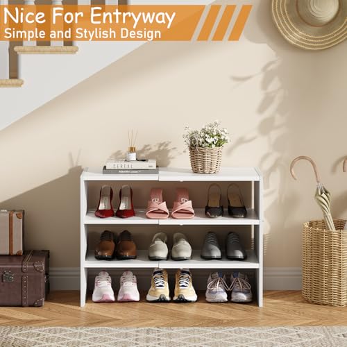 3-Tier Expandable White Shoe Rack Organizer for Closet, Stackable Shoe Racks Storage Shelf, Small Metal Wood Combination Shoe Shelves for Closets,Entryway,Front Door, Narrow Space,Hallway,8-16 Pairs