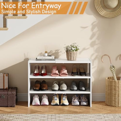 3-Tier Expandable White Shoe Rack Organizer for Closet, Stackable Shoe Racks Storage Shelf, Small Metal Wood Combination Shoe Shelves for Closets,Entryway,Front Door, Narrow Space,Hallway,8-16 Pairs