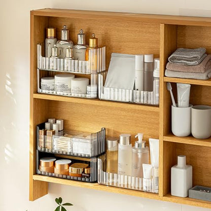2-Tier Stackable Medicine Cabinet Organizer Shelves, Clear | Makeup Storage with Lipstick Holders, Cotton Swab Holder, Shelf Trays for Bathroom Cabinet, Counter, Vanity